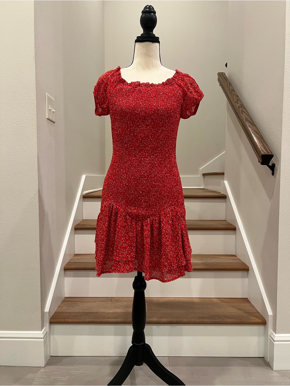 Princess Polly Red Floral Square-Neck honeycomb Puff-Sleeve Mini Dress
